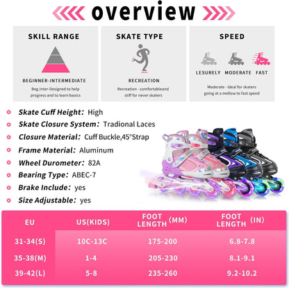 Adjustable Inline Skates for Kids Boys Girls Youth Blades Roller Skates with Light up Wheels Ages 4-16