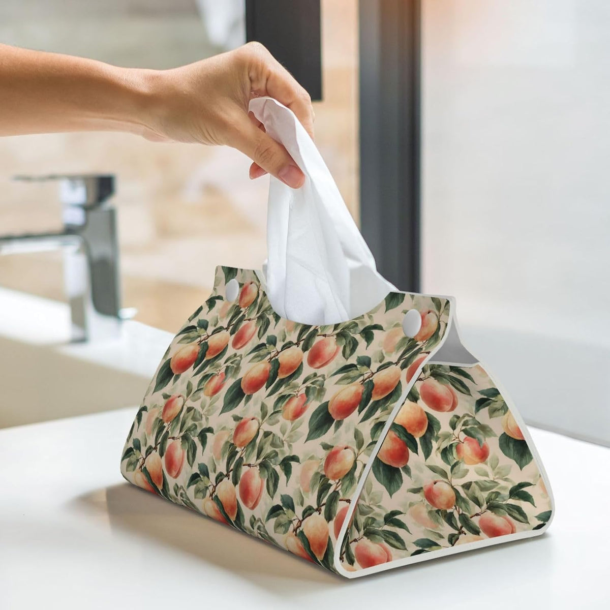 Peach Print Tissue Box Cover,Rectangular Pu Leather Tissue Holder for Bathroom Living Room Office
