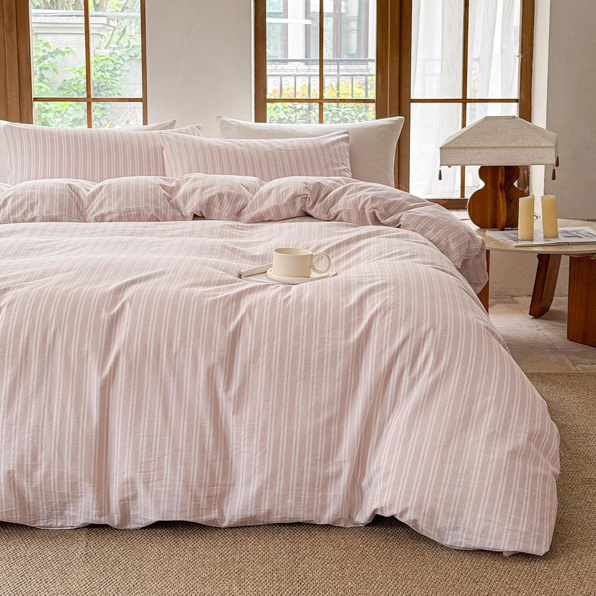 Striped Duvet Cover Set 100% Washed Cotton Linen Like Soft Feelling Breathable Bedding(Greyish Pink/White Strip,King)
