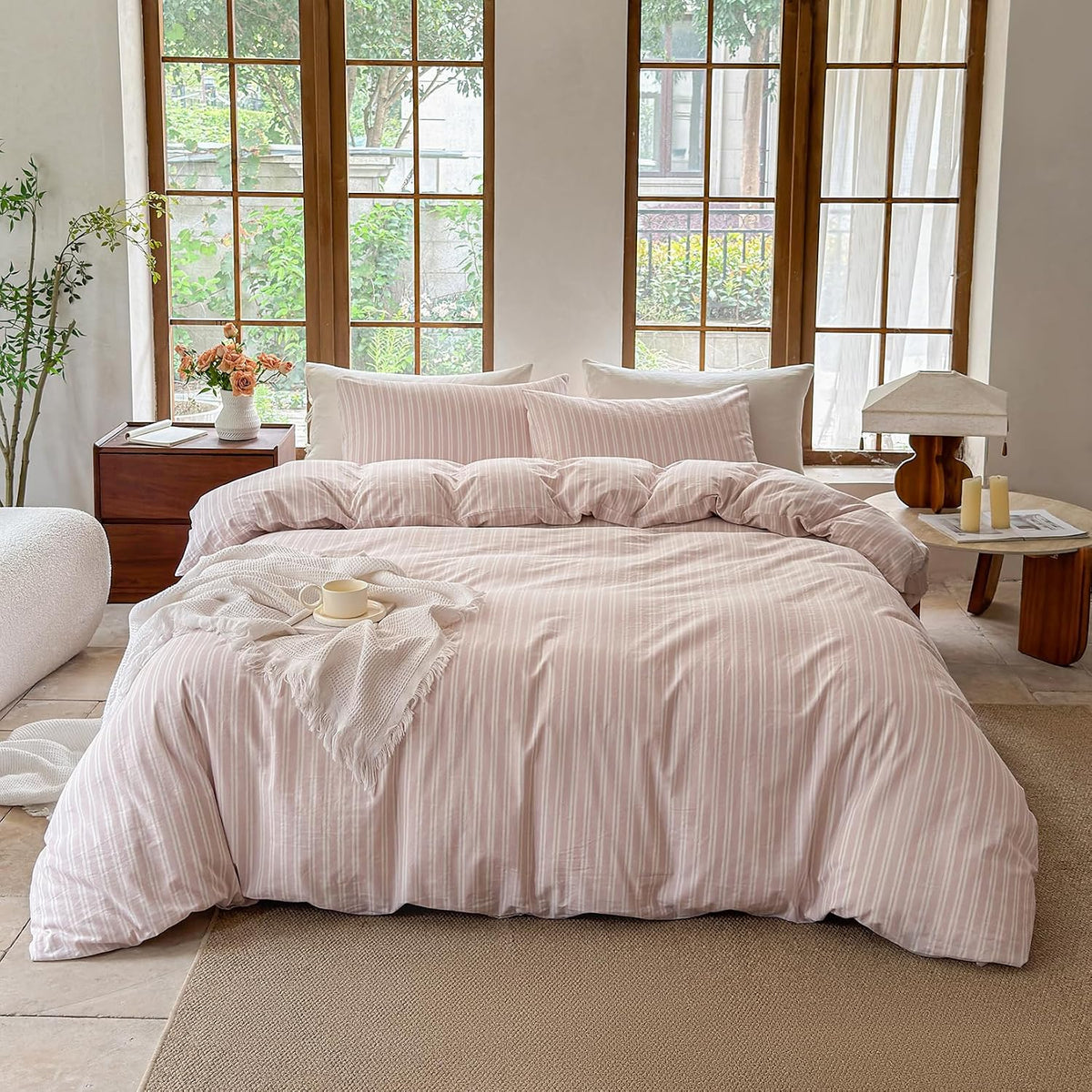 Striped Duvet Cover Set 100% Washed Cotton Linen Like Soft Feelling Breathable Bedding(Greyish Pink/White Strip,King)