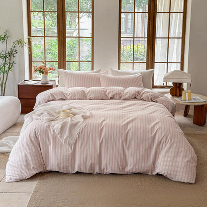 Striped Duvet Cover Set 100% Washed Cotton Linen Like Soft Feelling Breathable Bedding(Greyish Pink/White Strip,King)