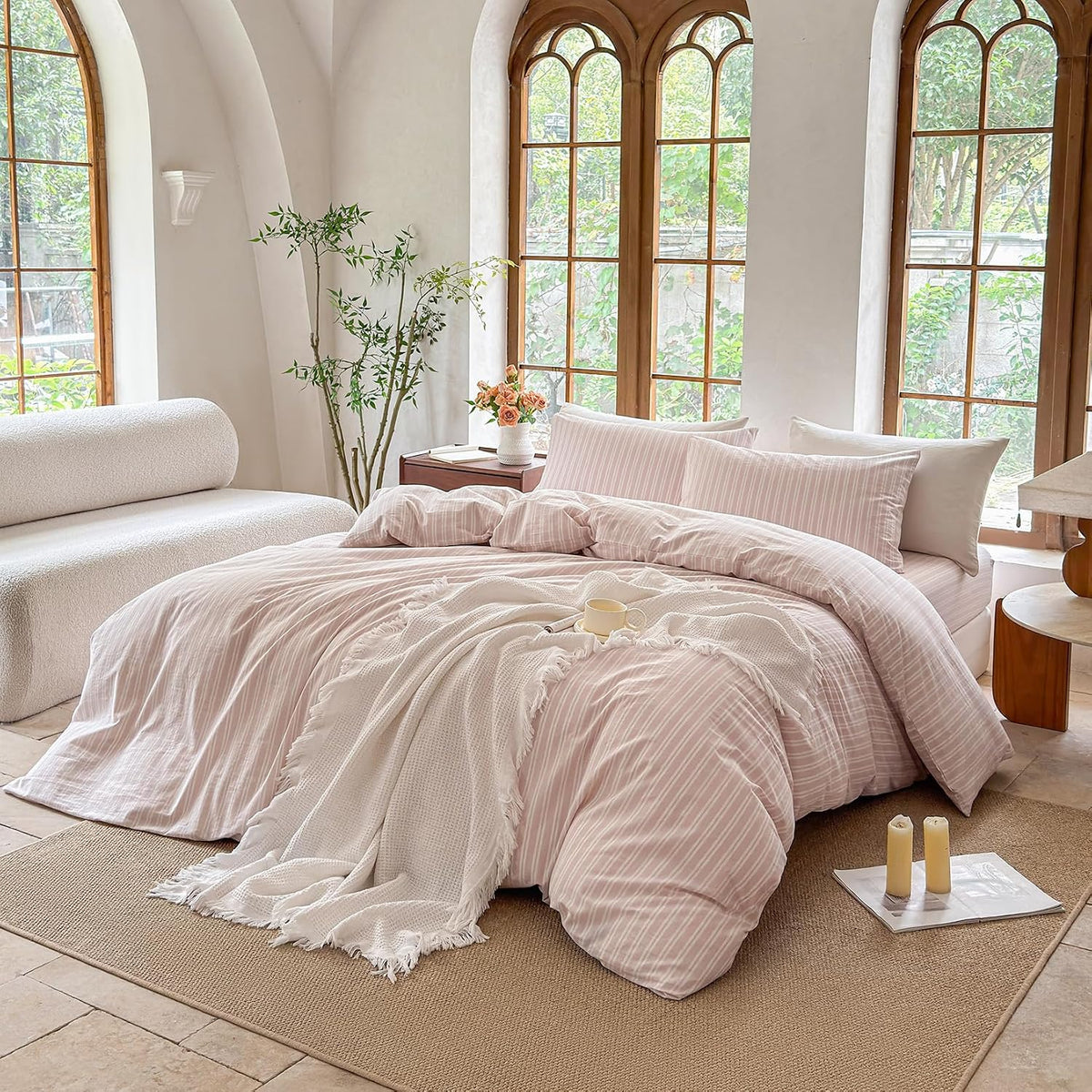 Striped Duvet Cover Set 100% Washed Cotton Linen Like Soft Feelling Breathable Bedding(Greyish Pink/White Strip,King)