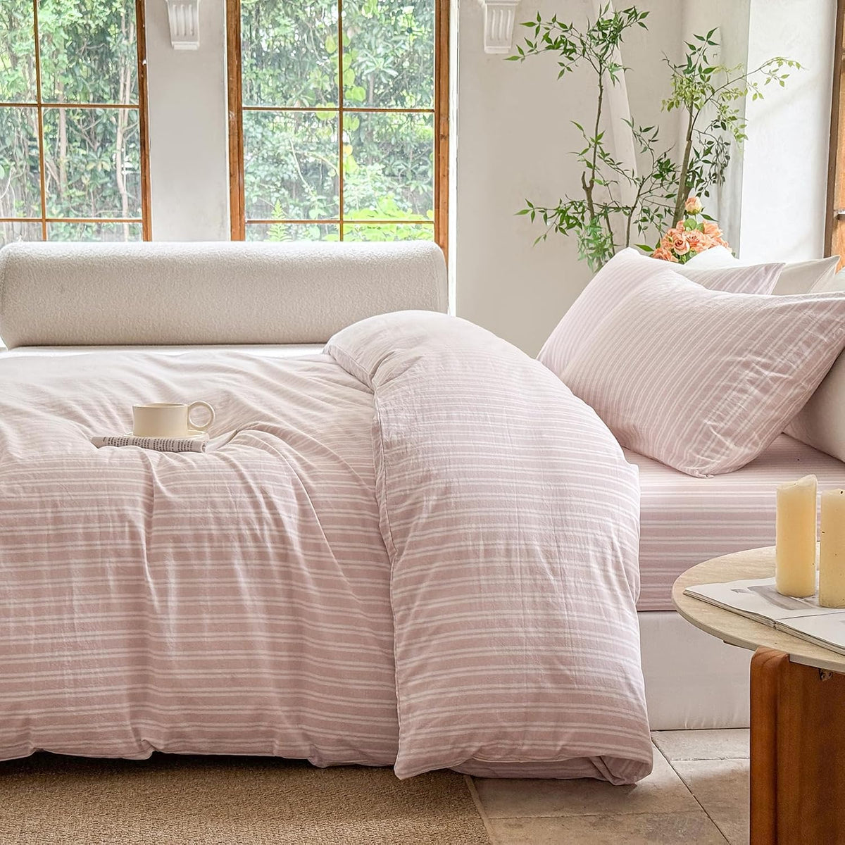 Striped Duvet Cover Set 100% Washed Cotton Linen Like Soft Feelling Breathable Bedding(Greyish Pink/White Strip,King)