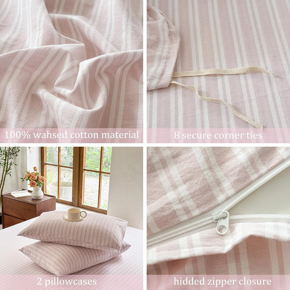 Striped Duvet Cover Set 100% Washed Cotton Linen Like Soft Feelling Breathable Bedding(Greyish Pink/White Strip,King)