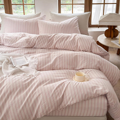 Striped Duvet Cover Set 100% Washed Cotton Linen Like Soft Feelling Breathable Bedding(Greyish Pink/White Strip,King)