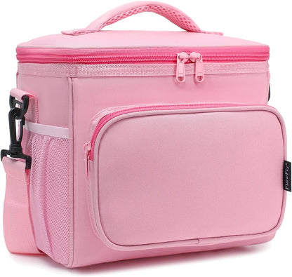 Insulated Reusable Lunch Bag Adult Large Lunch Box for Women and Men with Adjustable Shoulder Strap,Front Zipper Pocket and Dual Large Mesh Side Pockets,Pink