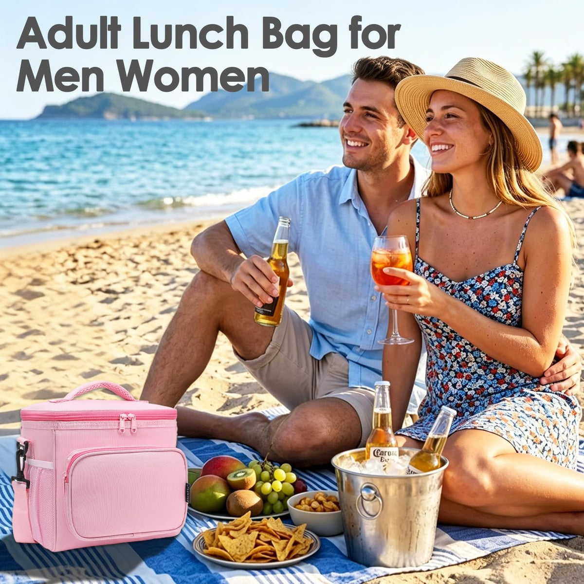 Insulated Reusable Lunch Bag Adult Large Lunch Box for Women and Men with Adjustable Shoulder Strap,Front Zipper Pocket and Dual Large Mesh Side Pockets,Pink