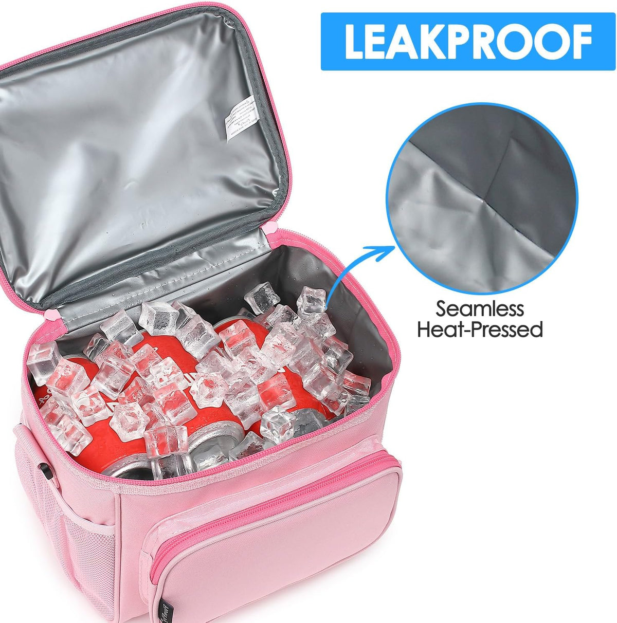 Insulated Reusable Lunch Bag Adult Large Lunch Box for Women and Men with Adjustable Shoulder Strap,Front Zipper Pocket and Dual Large Mesh Side Pockets,Pink