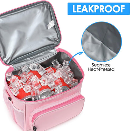 Insulated Reusable Lunch Bag Adult Large Lunch Box for Women and Men with Adjustable Shoulder Strap,Front Zipper Pocket and Dual Large Mesh Side Pockets,Pink