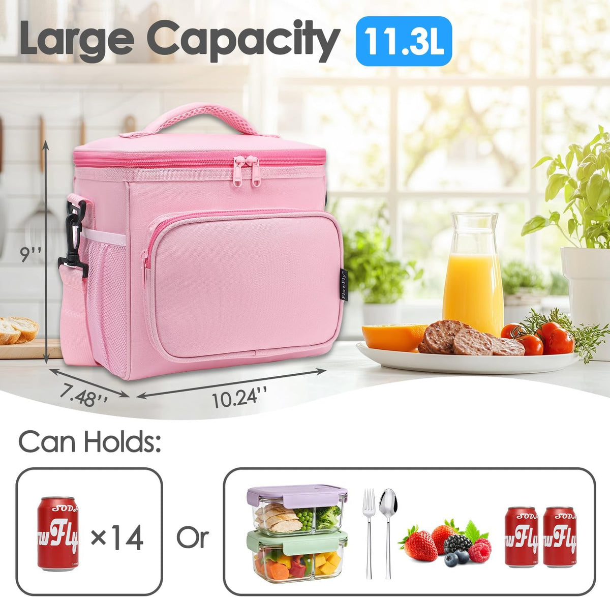 Insulated Reusable Lunch Bag Adult Large Lunch Box for Women and Men with Adjustable Shoulder Strap,Front Zipper Pocket and Dual Large Mesh Side Pockets,Pink