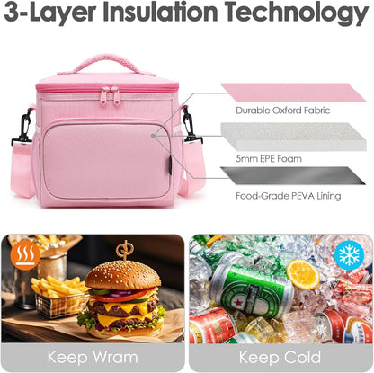 Insulated Reusable Lunch Bag Adult Large Lunch Box for Women and Men with Adjustable Shoulder Strap,Front Zipper Pocket and Dual Large Mesh Side Pockets,Pink