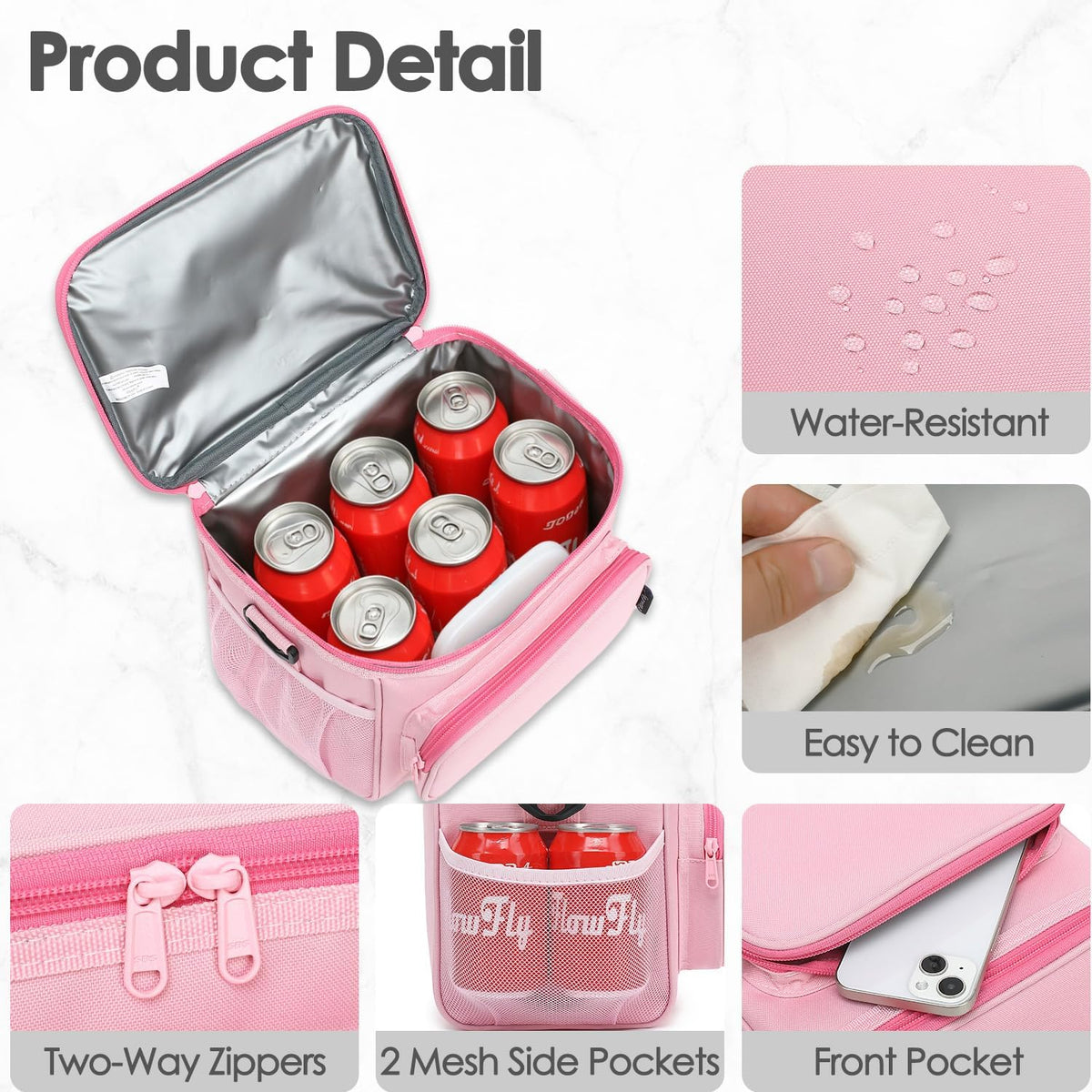 Insulated Reusable Lunch Bag Adult Large Lunch Box for Women and Men with Adjustable Shoulder Strap,Front Zipper Pocket and Dual Large Mesh Side Pockets,Pink