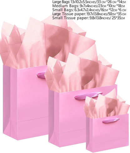10PCS Pink Gift Bags with Ribbon Handles Mulit Assorted Sizes Gift Wide Bags (2pcs Large 13", 4pcs Medium 9.6", 4pcs Small 6.3", Tissue Paper)