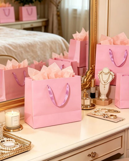 10PCS Pink Gift Bags with Ribbon Handles Mulit Assorted Sizes Gift Wide Bags (2pcs Large 13", 4pcs Medium 9.6", 4pcs Small 6.3", Tissue Paper)