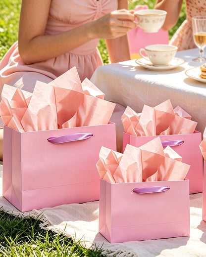 10PCS Pink Gift Bags with Ribbon Handles Mulit Assorted Sizes Gift Wide Bags (2pcs Large 13", 4pcs Medium 9.6", 4pcs Small 6.3", Tissue Paper)