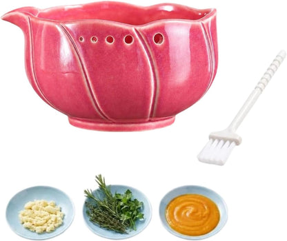 Handmade Pottery Herb Stripper Bowl with Garlic Grater Plate, Multi-functional Kitchen Tools, for Ginger, Garlic & Herbs, Suitable for Peeling Off The Leafy of Cilantro, Rosemary et (Pink)