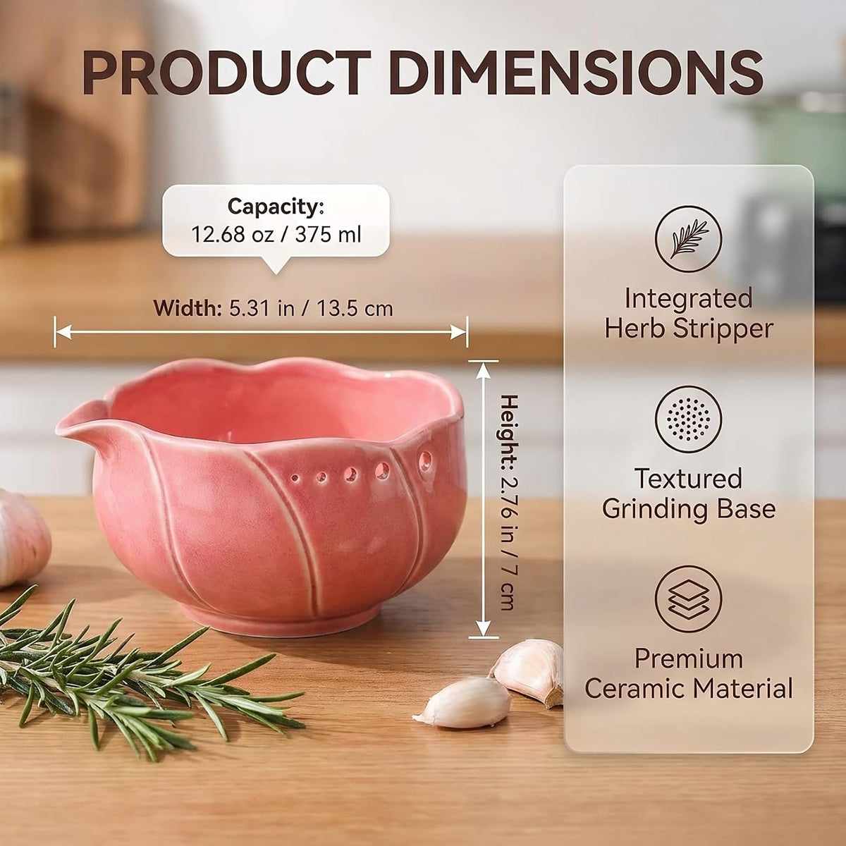 Handmade Pottery Herb Stripper Bowl with Garlic Grater Plate, Multi-functional Kitchen Tools, for Ginger, Garlic & Herbs, Suitable for Peeling Off The Leafy of Cilantro, Rosemary et (Pink)
