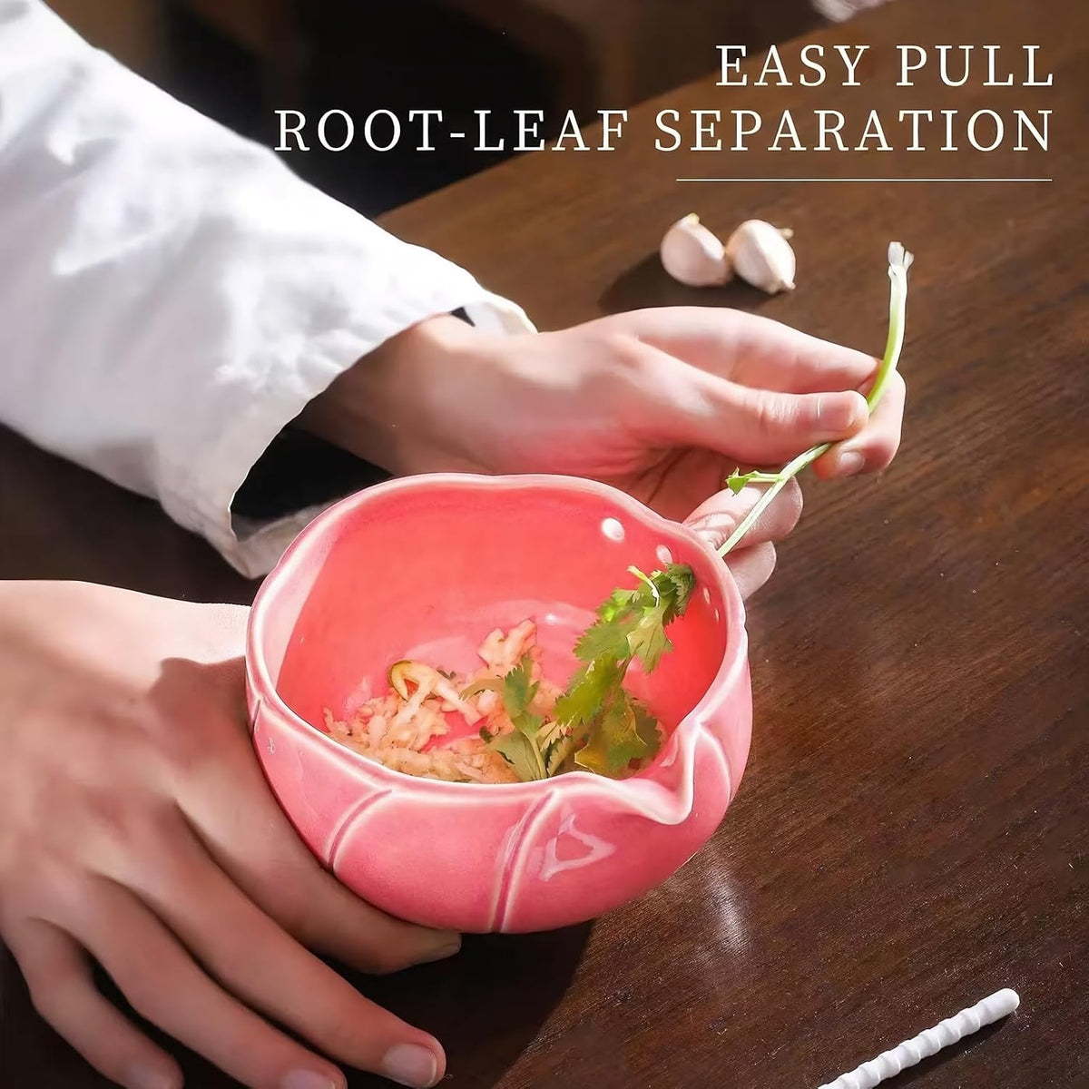 Handmade Pottery Herb Stripper Bowl with Garlic Grater Plate, Multi-functional Kitchen Tools, for Ginger, Garlic & Herbs, Suitable for Peeling Off The Leafy of Cilantro, Rosemary et (Pink)
