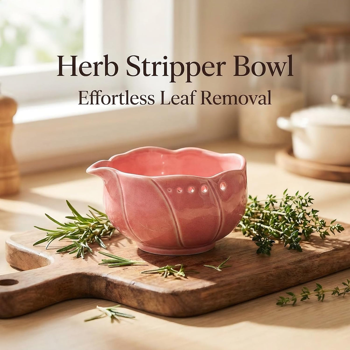 Handmade Pottery Herb Stripper Bowl with Garlic Grater Plate, Multi-functional Kitchen Tools, for Ginger, Garlic & Herbs, Suitable for Peeling Off The Leafy of Cilantro, Rosemary et (Pink)