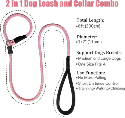 Strong Slip Rope Dog Training Leash (6ft) - Heavy Duty Durable Braided Nylon Lead with Rubber Stopper & Padded Handle - No Pull Walking for Medium Large Dogs (Pink, 1/2" x 6ft)