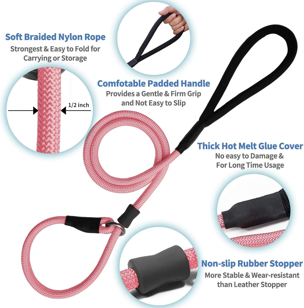 Strong Slip Rope Dog Training Leash (6ft) - Heavy Duty Durable Braided Nylon Lead with Rubber Stopper & Padded Handle - No Pull Walking for Medium Large Dogs (Pink, 1/2" x 6ft)