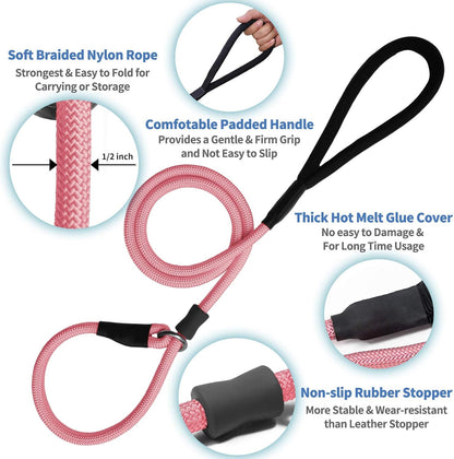 Strong Slip Rope Dog Training Leash (6ft) - Heavy Duty Durable Braided Nylon Lead with Rubber Stopper & Padded Handle - No Pull Walking for Medium Large Dogs (Pink, 1/2" x 6ft)