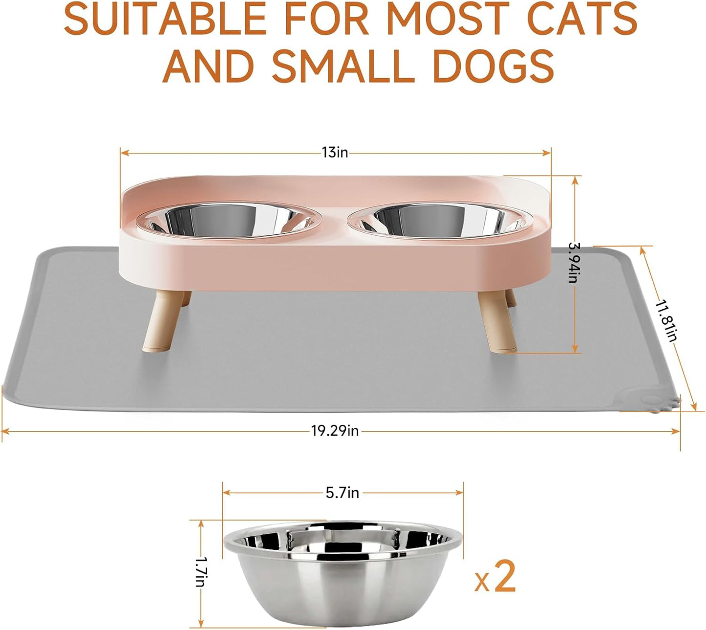 Elevated Cat Bowl with Food Mat, Raised Cat Food and Water Bowl Set for Indoor Cats, Splash Proof with 2 Stainless Steel Pet Food Bowls for Cats and Puppies,Whisker Fatigue and Dishwasher Safe (Pink)