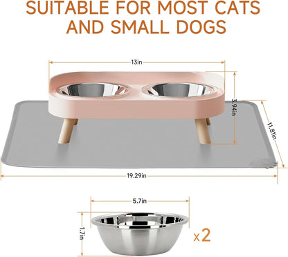 Elevated Cat Bowl with Food Mat, Raised Cat Food and Water Bowl Set for Indoor Cats, Splash Proof with 2 Stainless Steel Pet Food Bowls for Cats and Puppies,Whisker Fatigue and Dishwasher Safe (Pink)