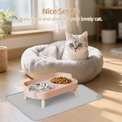 Elevated Cat Bowl with Food Mat, Raised Cat Food and Water Bowl Set for Indoor Cats, Splash Proof with 2 Stainless Steel Pet Food Bowls for Cats and Puppies,Whisker Fatigue and Dishwasher Safe (Pink)