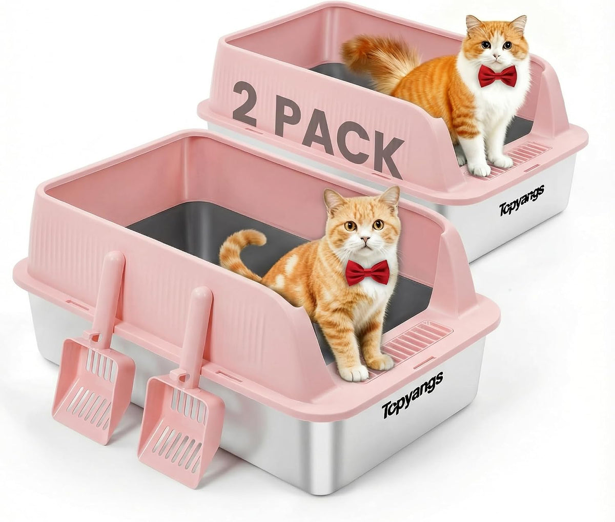 2 Pack Stainless Steel , Extra Large Litter Boxes for Big Cats, XL Metal Cat with Lid, High Sides, Anti-Urine Leakage, Non-Sticky, Scoop Included (Pink)