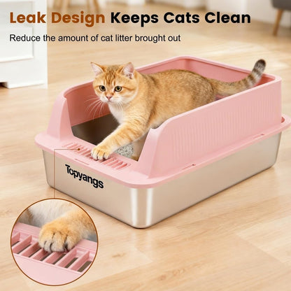 2 Pack Stainless Steel , Extra Large Litter Boxes for Big Cats, XL Metal Cat with Lid, High Sides, Anti-Urine Leakage, Non-Sticky, Scoop Included (Pink)