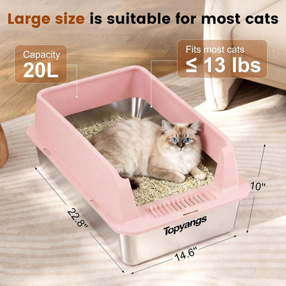 2 Pack Stainless Steel , Extra Large Litter Boxes for Big Cats, XL Metal Cat with Lid, High Sides, Anti-Urine Leakage, Non-Sticky, Scoop Included (Pink)