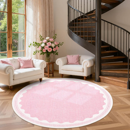 Scalloped Edge Solid Pink 4ft Round Rug Circle Modern Minimalism Washable Non-Slip Soft Ultra-Thin Carpet for Living Room Kitchen Bedroom Nursery Dining Room