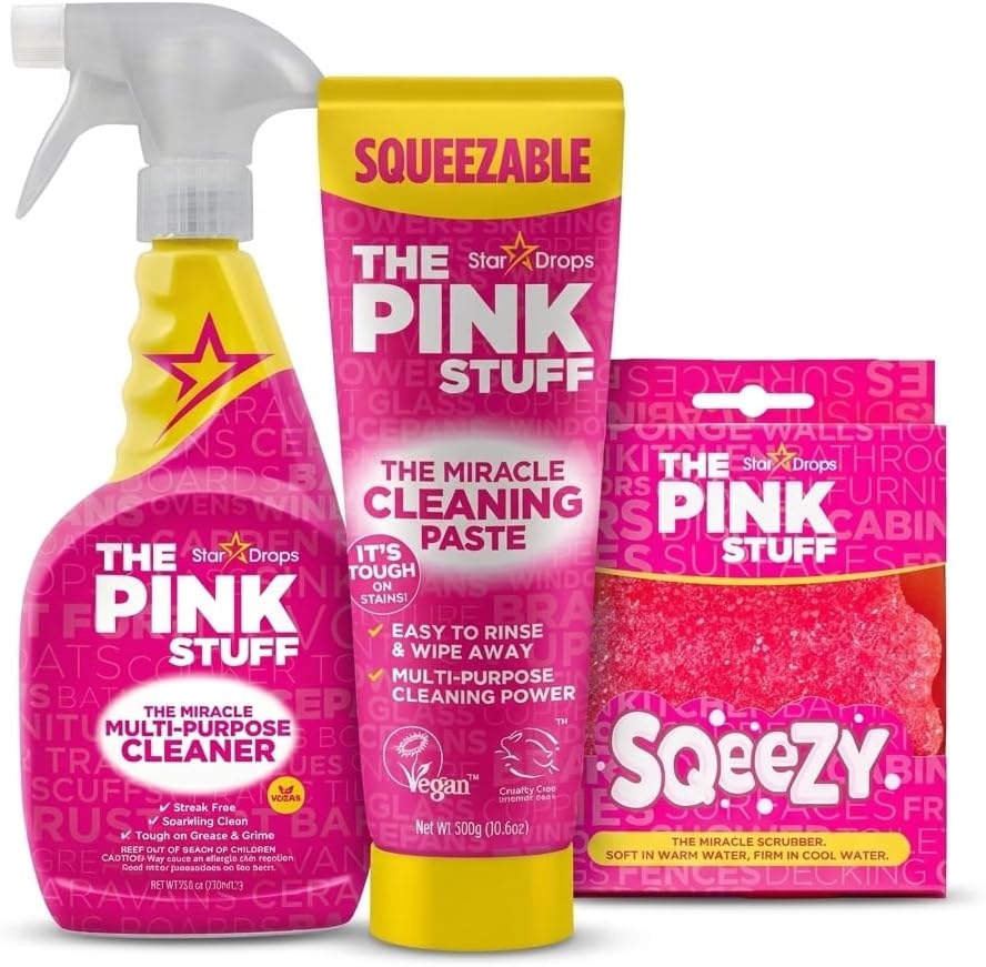 The Pink Stuff Miracle Multi Purpose Cleaner Spray, Squeezable Cleaning Paste & SQeeZY Scrubber Sponge | Multi Surface Household Cleaning Kit for Kitchen, Bathroom, Tiles & Appliances