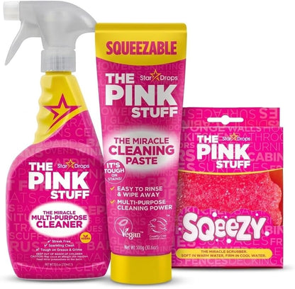 The Pink Stuff Miracle Multi Purpose Cleaner Spray, Squeezable Cleaning Paste & SQeeZY Scrubber Sponge | Multi Surface Household Cleaning Kit for Kitchen, Bathroom, Tiles & Appliances