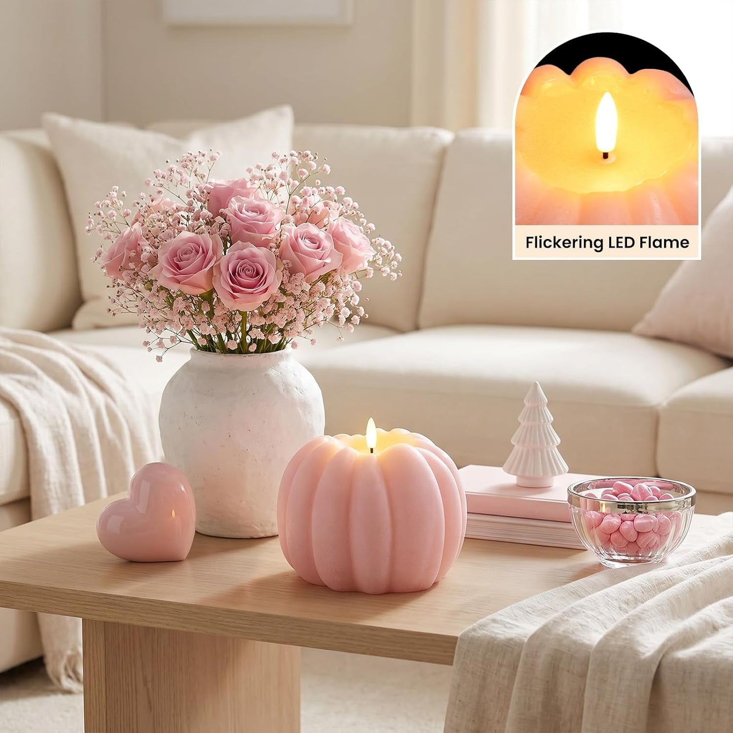 Pink Fall Decor, Fall Decorations for Home, Large Flameless Pumpkin Candle