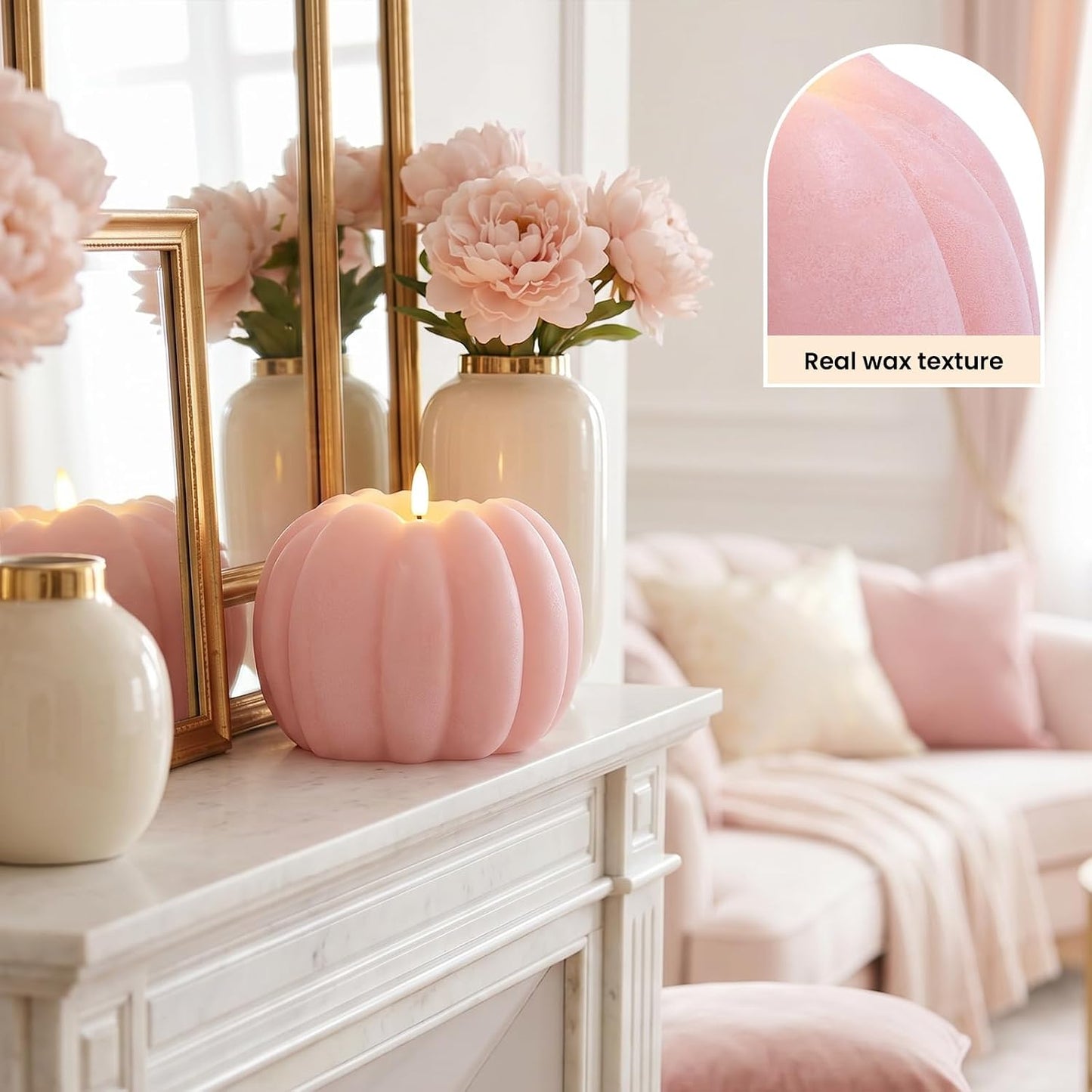 Pink Fall Decor, Fall Decorations for Home, Large Flameless Pumpkin Candle