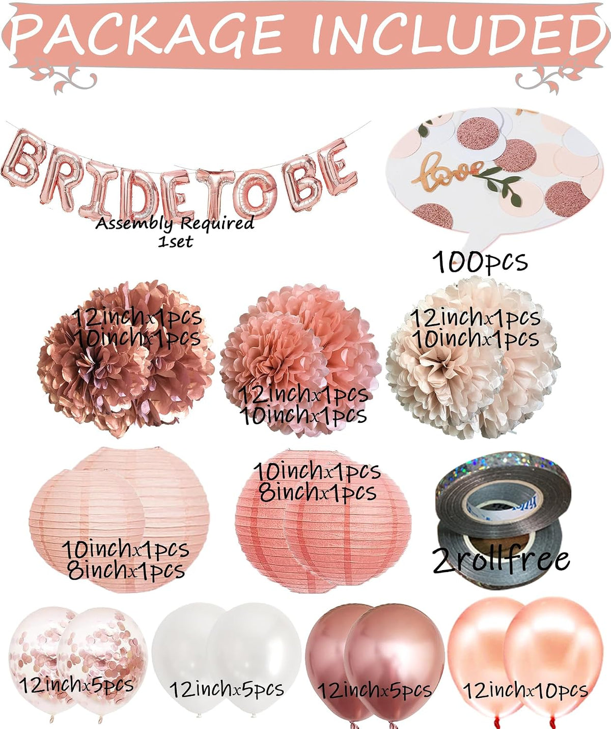 Bachelorette Party Decorations - Bridal Shower Party Decor and Supplies Kit for Wedding With Foil Balloons Table Confetti Scatters Hanging Paper Lantern Tissue Flowers (Rose Gold)