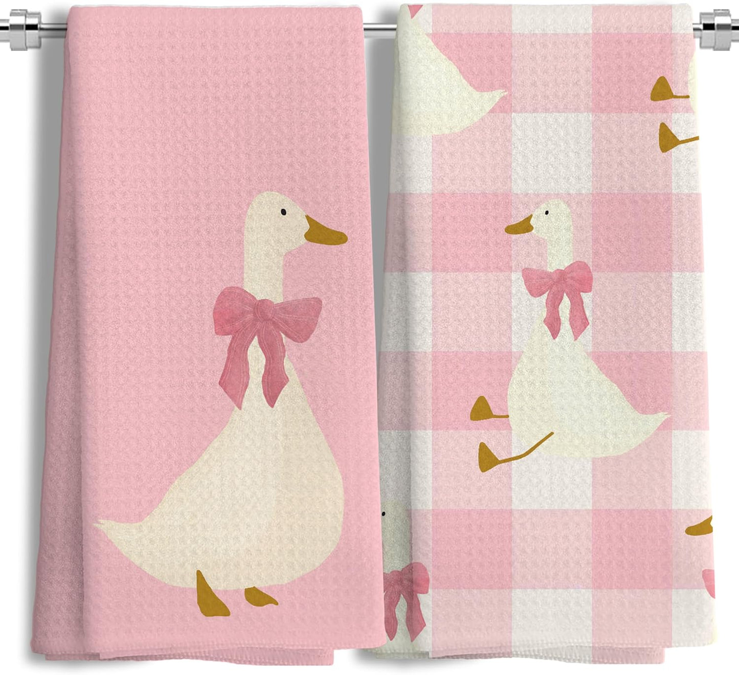 Coquette Pink Bow Plaid Goose Kitchen Towels Set of 2, Preppy Pink Checkered Dish Tea Towels for Kitchen Decor, Girly Aesthetic Goose Hand Towels for Bathroom Decor, 16x24 Inches