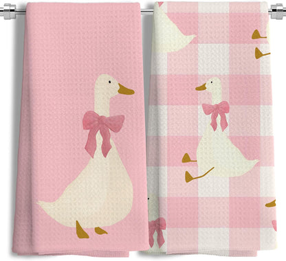 Coquette Pink Bow Plaid Goose Kitchen Towels Set of 2, Preppy Pink Checkered Dish Tea Towels for Kitchen Decor, Girly Aesthetic Goose Hand Towels for Bathroom Decor, 16x24 Inches