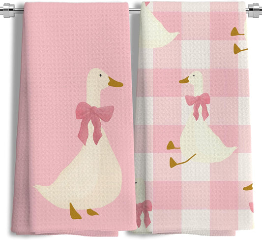 Coquette Pink Bow Plaid Goose Kitchen Towels Set of 2, Preppy Pink Checkered Dish Tea Towels for Kitchen Decor, Girly Aesthetic Goose Hand Towels for Bathroom Decor, 16x24 Inches