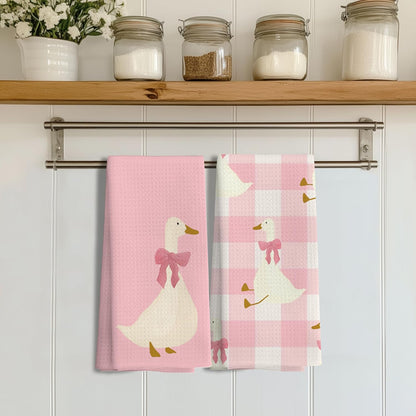 Coquette Pink Bow Plaid Goose Kitchen Towels Set of 2, Preppy Pink Checkered Dish Tea Towels for Kitchen Decor, Girly Aesthetic Goose Hand Towels for Bathroom Decor, 16x24 Inches
