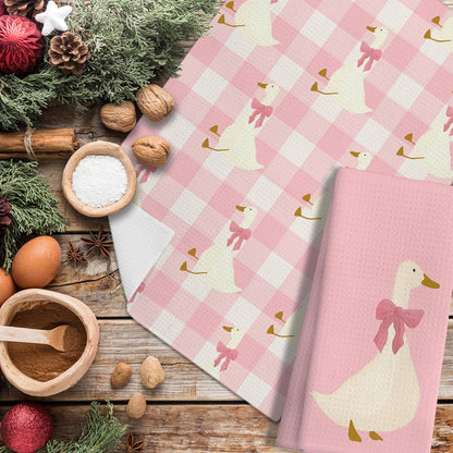 Coquette Pink Bow Plaid Goose Kitchen Towels Set of 2, Preppy Pink Checkered Dish Tea Towels for Kitchen Decor, Girly Aesthetic Goose Hand Towels for Bathroom Decor, 16x24 Inches