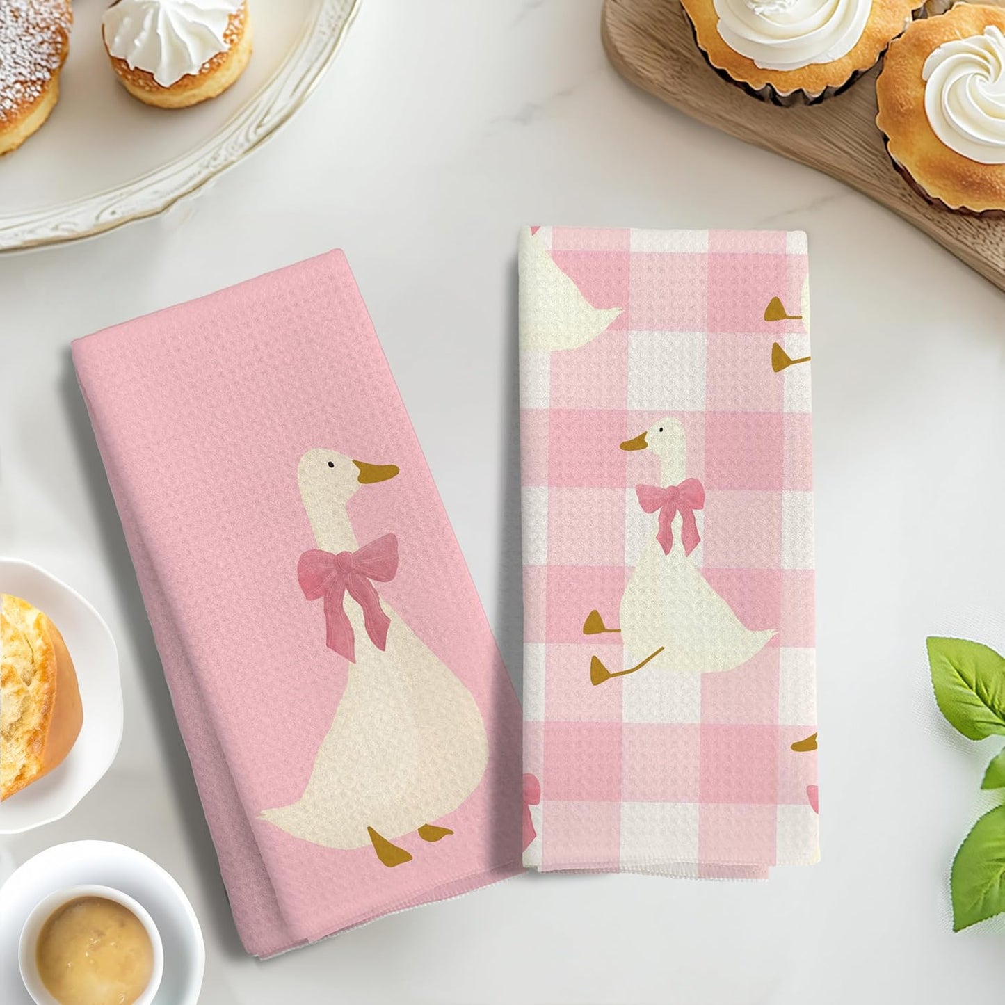 Coquette Pink Bow Plaid Goose Kitchen Towels Set of 2, Preppy Pink Checkered Dish Tea Towels for Kitchen Decor, Girly Aesthetic Goose Hand Towels for Bathroom Decor, 16x24 Inches