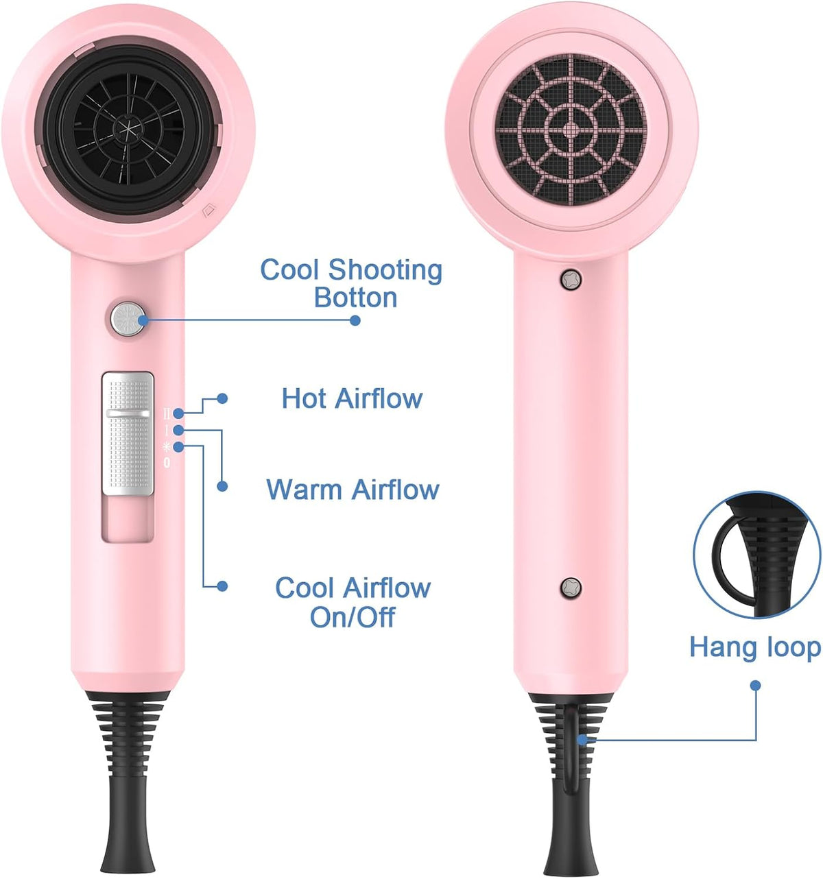 Professional Ionic Hair Dryer, Powerful 1800W Fast Drying Low Noise Blow Dryer with 2 Concentrator Nozzle 1 Diffuser Attachments for Home Salon Travel (Pink)