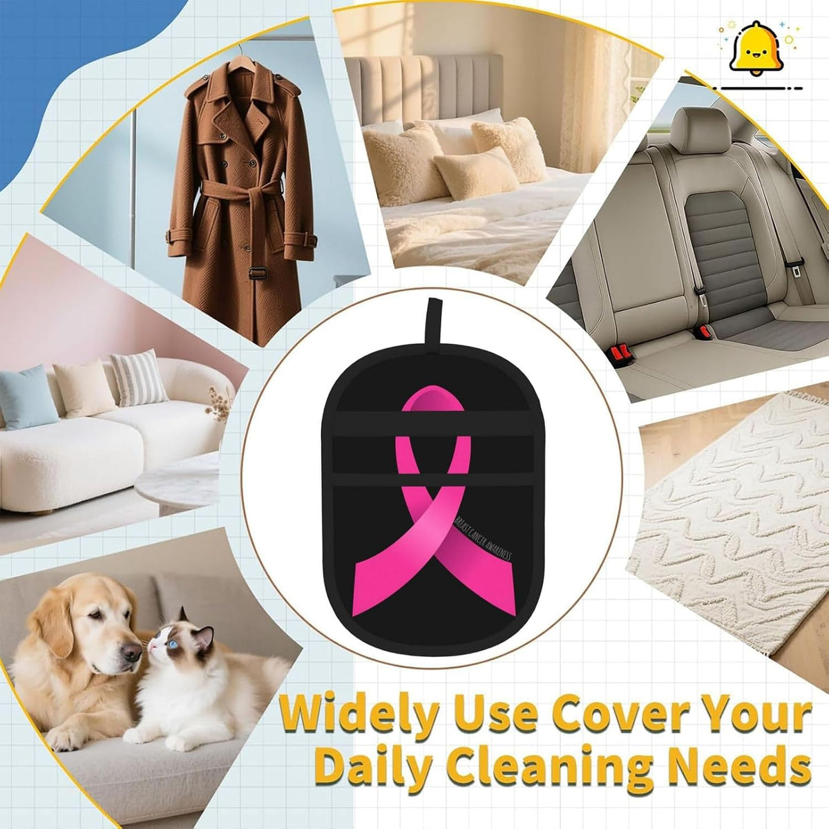 Breast Cancer Survivor Awareness Pink Ribbon Pet Hair Removal Glove Dogs Hair Remover Glove Cats Fur Removal Tool with Hanging Loop for Couch 6.7X9.5 in
