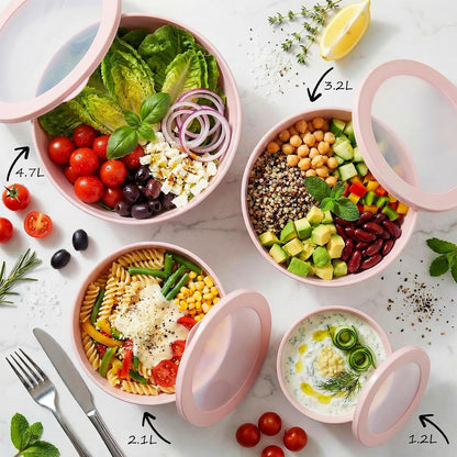 BoxedHome 4.97 Quarts Mixing Bowls with Lids Set, 4 Packs BPA-Free Plastic Prep Bowls for Kitchen, Dishwasher & Microwave Safe, Pink
