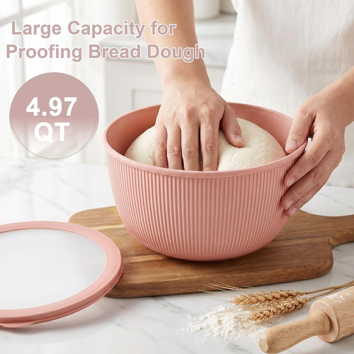 BoxedHome 4.97 Quarts Mixing Bowls with Lids Set, 4 Packs BPA-Free Plastic Prep Bowls for Kitchen, Dishwasher & Microwave Safe, Pink