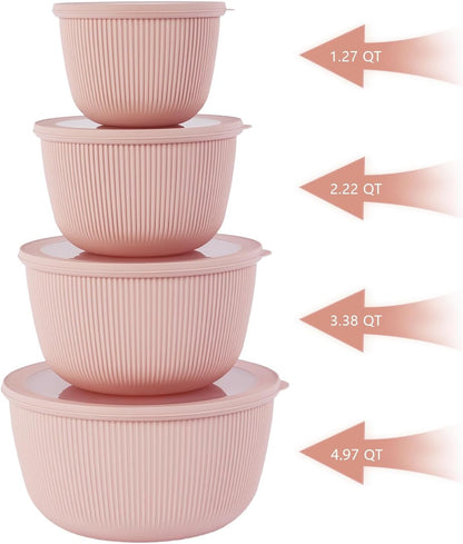 BoxedHome 4.97 Quarts Mixing Bowls with Lids Set, 4 Packs BPA-Free Plastic Prep Bowls for Kitchen, Dishwasher & Microwave Safe, Pink