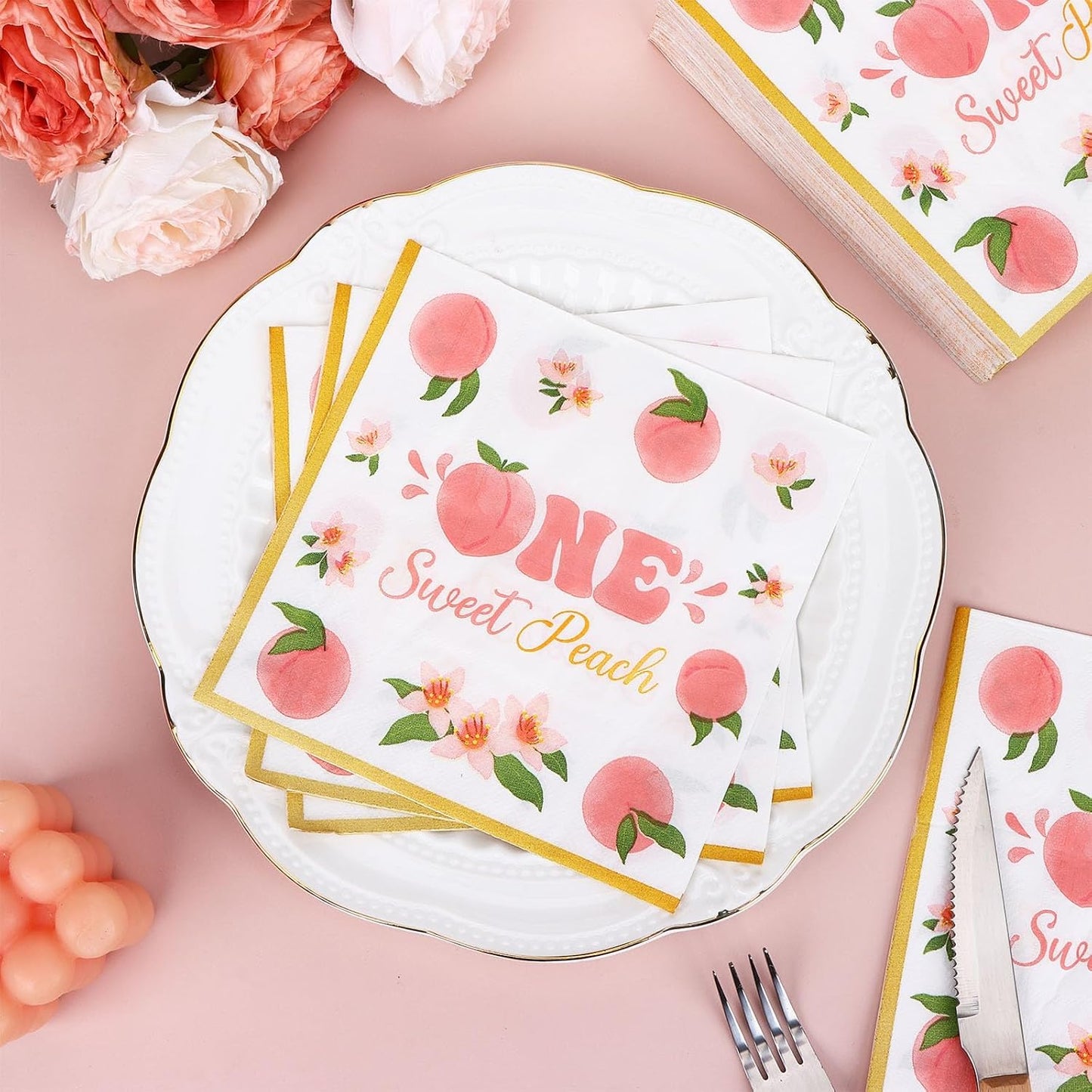 100 Pack One Sweet Peach Birthday Paper Napkins Decorations 1st Birthday Gold Border Pink Floral Design Disposable for Fruit Summer Party Table Supplies Baby Shower